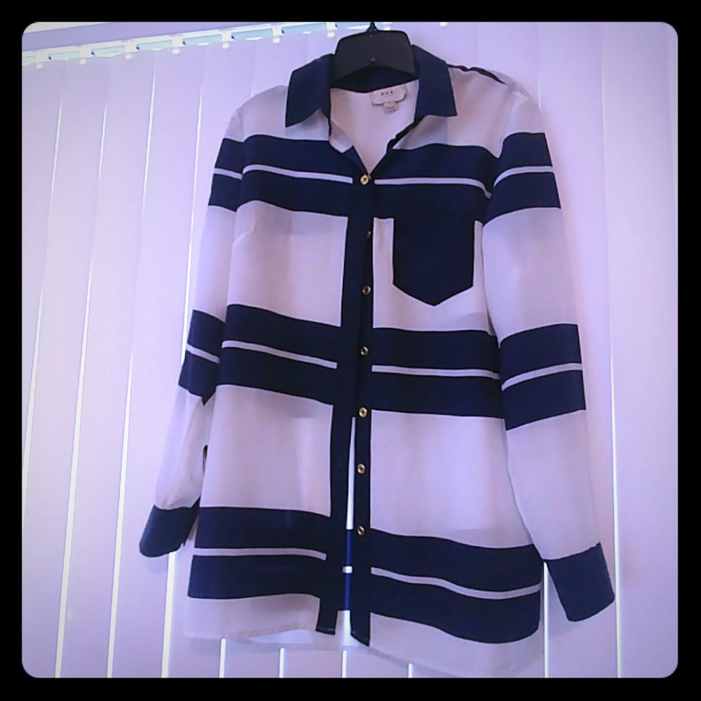 Navy, White, and Gold button blouse.